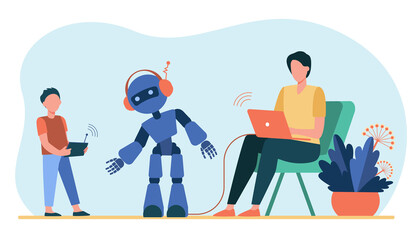 Happy father and son playing with robot. Laptop, kid, cyborg flat vector illustration. Robotics and digital technology concept for banner, website design or landing web page