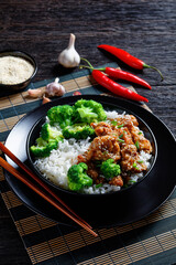 General Tso’s Chicken with rice in a bowl