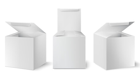 Set of three white boxes with opened lids positioned at different angles. Realistic. 3D mockup product placement