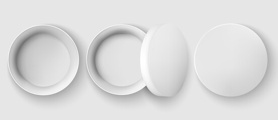 Set of three jars, once opened, one with lid on it and one closed. Realistic. 3D mockup product placement