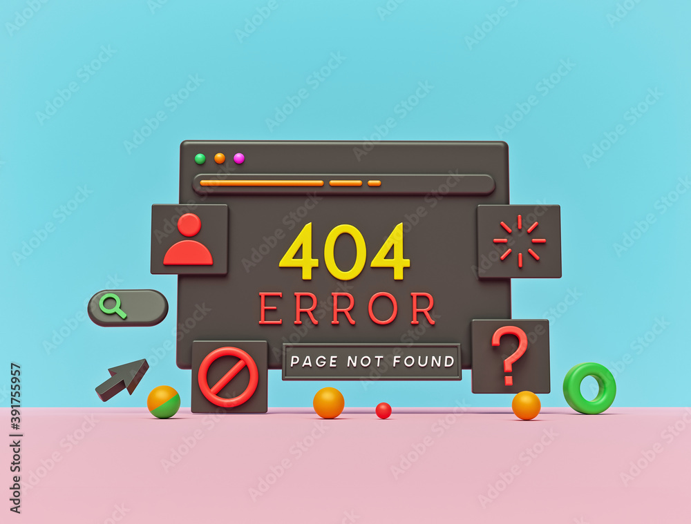 Poster computer window with 404 error page. minimal design for website. 3d rendering