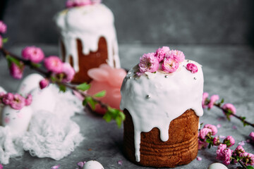 Easter cake, Easter eggs on a gray background
