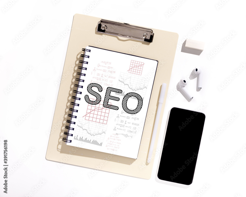 Poster search engine optimization collage, notebook with keyword seo on desktop