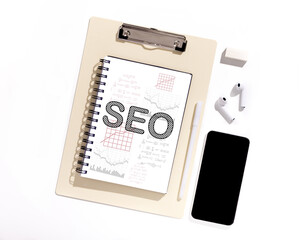 Search Engine Optimization Collage, Notebook With Keyword Seo On Desktop