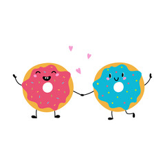Cute funny donuts. Vector illustration in flat style. Isolated on white background. Good for posters, textiles, t shirts.