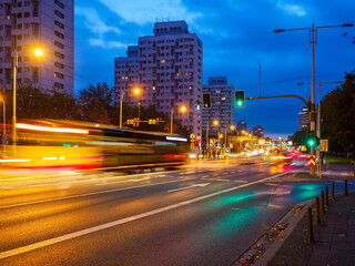 Night time traffic in a city. Urban life, Public transportation