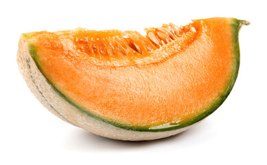 A piece of cantaloupe melon is isolated on a white background.