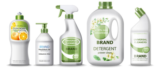 Set of dish soap, hand wash gel, universal cleaner and detergent. Place for text. Realistic 3D mockup product placement