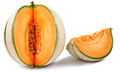 The ripe melon and the piece are isolated on a white background.