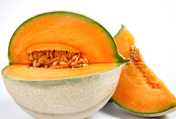 Ripe delicious melon and a piece of melon are isolated on a white background. cantaloupe melon.