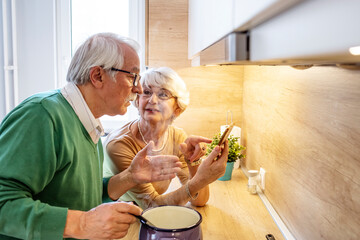 Senior couple enjoying while preparing lunch together in the kitchen. Retired people at home preparing lunch with recipe book about bio vegetables. Happy elderly concept with mature pensioner