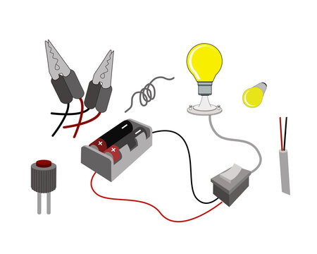 Illustration of The Lighting Circuit or Working Principle of Light Bulbs Connecting with Battery Cells.
