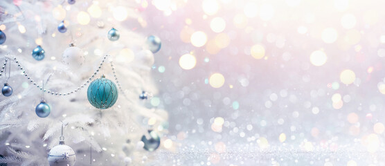 Winter Decoration With Christmas Tree And Bokeh Effect. Holiday Background With Shining And Lights
