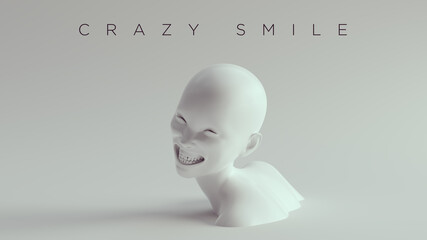 Non-Binary Crazy Smile Female Male White Bust Head Back and Shoulders Front View 3d illustration