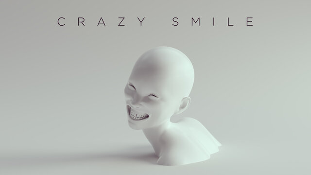 Non-Binary Crazy Smile Female Male White Bust Head Back And Shoulders Front View 3d Illustration