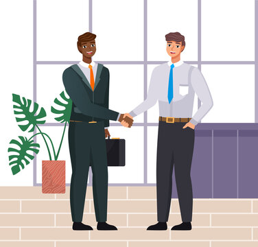 Business propasal for partner. Man make agreement deal handshake. Hiring interview. Colleagues discuss project. Teamwork idea. Accepting proposals for investment in finance and exchanging ideas