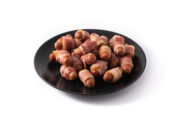 Pig in blankets. Sausages wrapped in smoked bacon isolated on white background