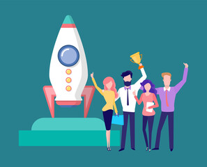 Winners standing with award, man and woman colleagues, business success of teamwork, spaceship on platform, growth symbol, group of people vector