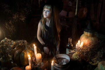 A cute little witch cooks a potion over a bonfire of herbs and mushrooms. Beautiful baby girl in witch costume with Halloween decoration