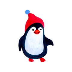 Cute Penguin character in a warm red hat - winter collection. Isolatedelement on white background. Watercolor illustration.