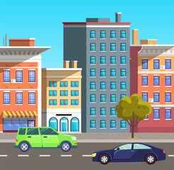 Urban landscape with modern infrastructure, buildings and busy road with cars and vehicles. City transport, traffic on street. Cityscape with houses facades. Highway with colorful cars. Flat cartoon