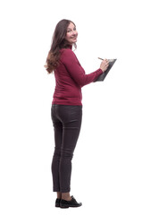 rear view. a young woman with a clipboard