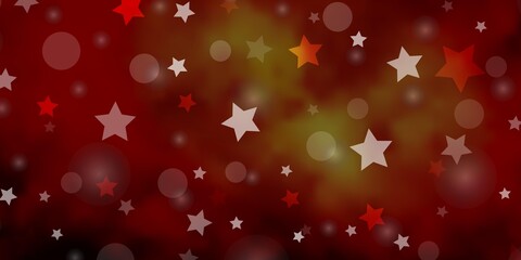 Dark Orange vector background with circles, stars.