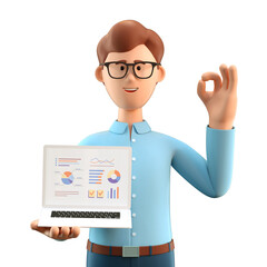 3D illustration of smiling man with ok gesture showing business charts at screen laptop computer. Cartoon businessman with okay sign, working in office and analysing infographic.