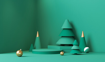 Minimal scene with, balls and pine trees, podium. Midnight green, blue shapes. For christmas holiday winter concep and magazines, poster, banner. 3D rendering
