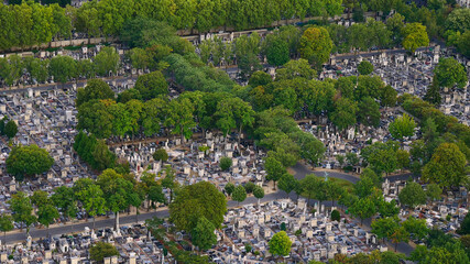 Closeup aerial view of Montparnasse Cemetery (Cimetiere du Montparnasse), the second-largest...