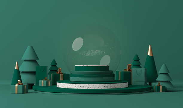 Snow globe with platform, midnight green, blue shapes, balls and pine trees. Podium, stand with terrazzo for christmas holiday winter concep and magazines, poster, banner. 3D rendering
