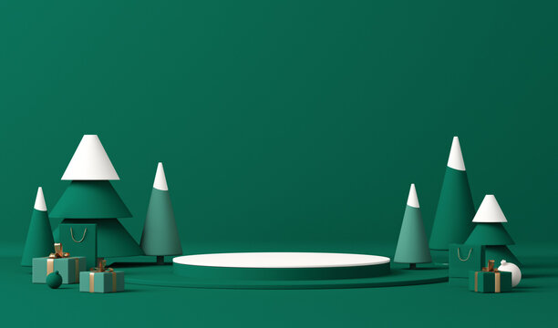 Minimal scene with, balls and pine trees, podium. Midnight green, blue shapes. For christmas holiday winter concep and magazines, poster, banner. 3D rendering
