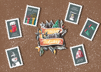 stamps. post mark a happy holiday, new year mar for postcard and sticker