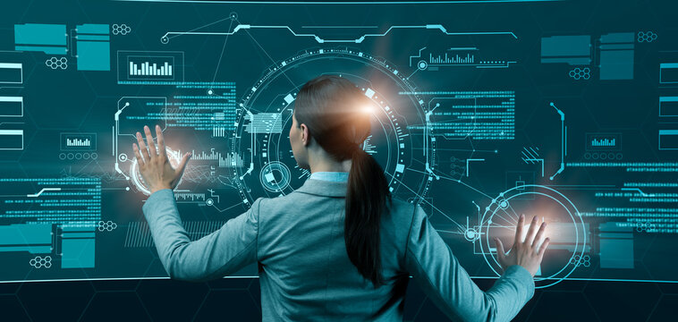 Smart Business Technologies. Collage Of Female Entrepreneur Using Virtual Control Panel With Financial Data, Back View