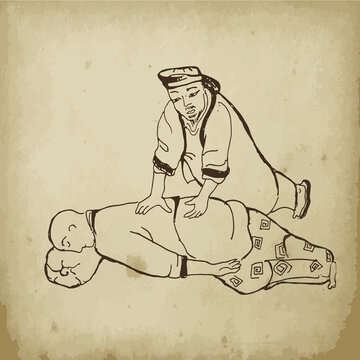 Chinese medical massage, ancient medicine vector illustration on old paper. Massage. Alternative medicine. Chinese pharmacy.
