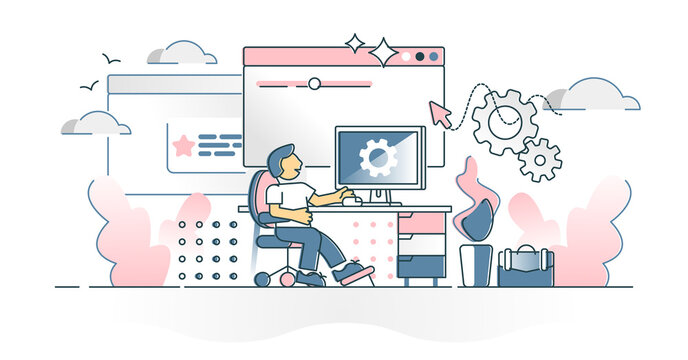 man working on computer, pink and blue clip art preview