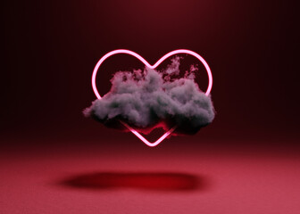 Heart shaped neon sign in a cloud. Love symbol. 3D render / rendering
