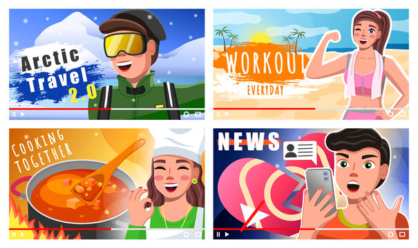 Set of bloggers images. People shoot master classes for subscribers. The guy makes blog about winter travel. The girl is engaged in workout. Woman cook makes dishes. News blog. Blogging, streaming