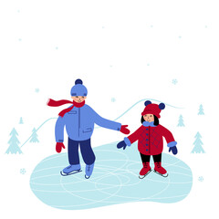 Cute girl and boy are skating together on the ice in the forest.