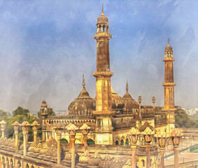 Fototapeta na wymiar Beautiful cityscape colorful painting of Bara Imambara