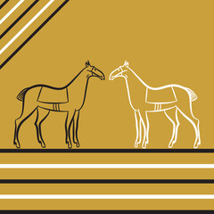 Two saddled stallions silhouettes. Black and white horses stand opposite each other. Horse racing. Derby. Horseback Riding. Racehorses outline. Trendy hipster linear style. Graphics for stable, farm.