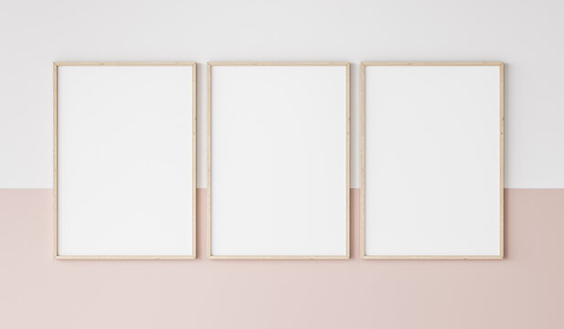 Three Wooden Frames On Pink And White Wall, Frame Mockup, 3d Render	