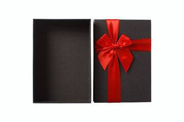 Open black gift box with red ribbon on white background. Isolate.