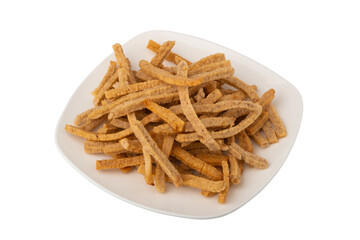 Deep fried fish cracker on white plate isolated on white background