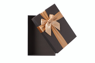 Opened black gift box with golden ribbon isolated on white background. Isolate.