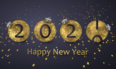 Next year in gold Christmas balls with shadow and Abstract snowflakes pattern and lettering Happy New Year. Christmas card design for flyer, poster, design, banner, web. Vector illustration. 