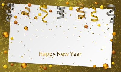 Banner with paper, golden, silver dust, confetti, balls and serpentine, ribbon and empty space for text. Vector illustration for Holidays on silver background. Elements for poster, party. New Year.