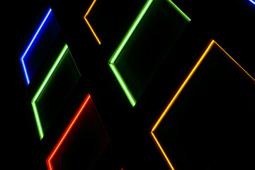 Colorful windows at night with led illumination. LED colored lights.