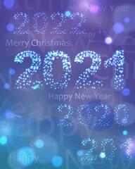 Happy new year banner, poster, holiday background. Bright, white, blue, silver dust and lights, bokeh. Christmas holiday design, decor. Vector illustration.