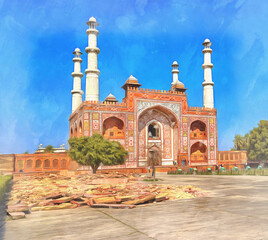Colorful painting of Akbar's tomb entrance